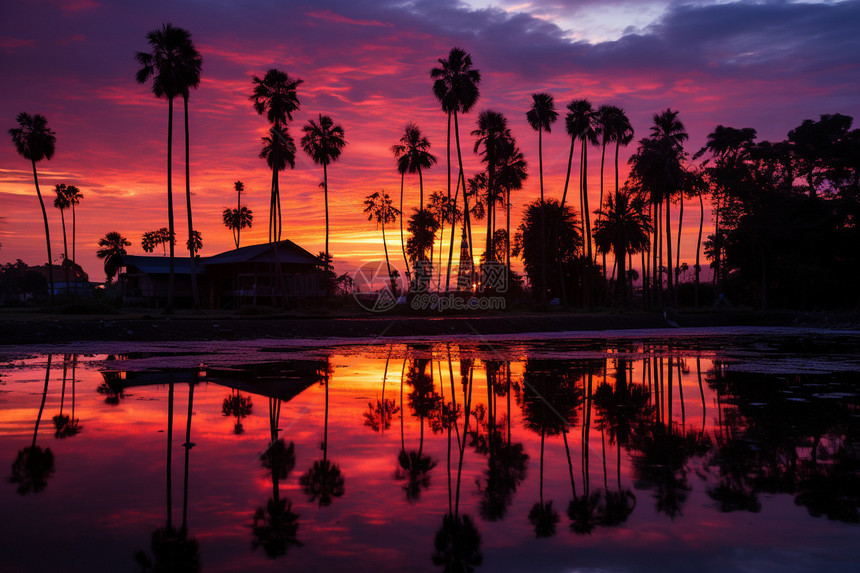 日落时棕榈树的美丽景观图片
