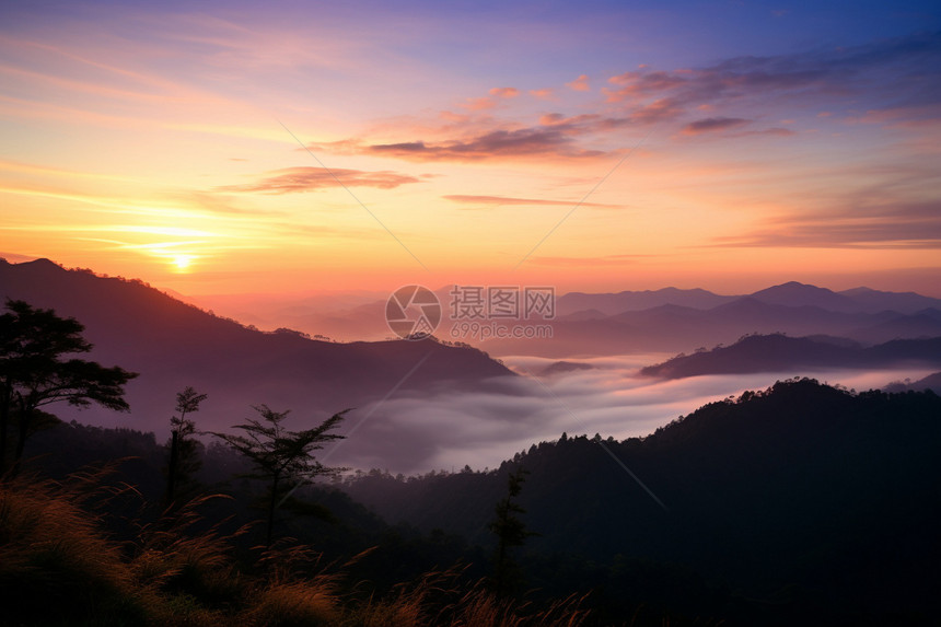 美丽的日出山间云海景观图片