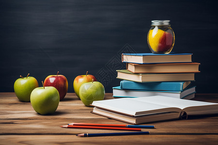苹果和书本书桌上的学习用品和苹果背景
