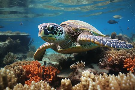 深海中的海龟和珊瑚群背景图片