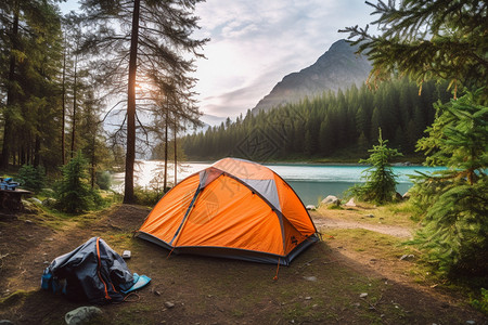 森林湖边中搭建的帐篷图片