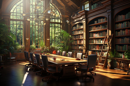 复古建筑室内复古风格的图书馆插画