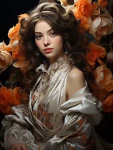 长茎玫瑰围绕在女人身边的花朵叶子插画