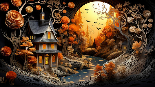 万圣节拱门秋天的树木和房屋设计图片