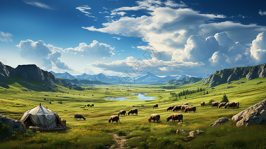 牛羊群呼伦贝尔草原的蒙古包插画