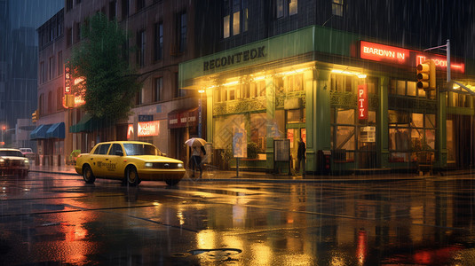 城市商业区雨中的出租车插画