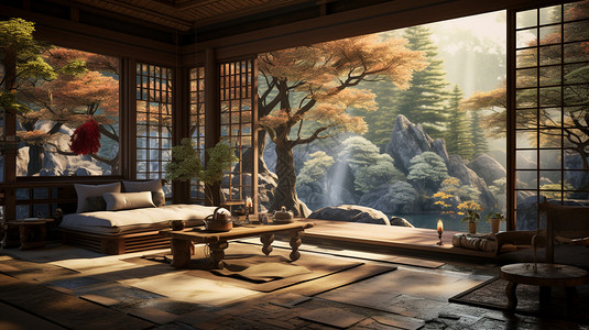 日式家具背景日式风格的装修插画