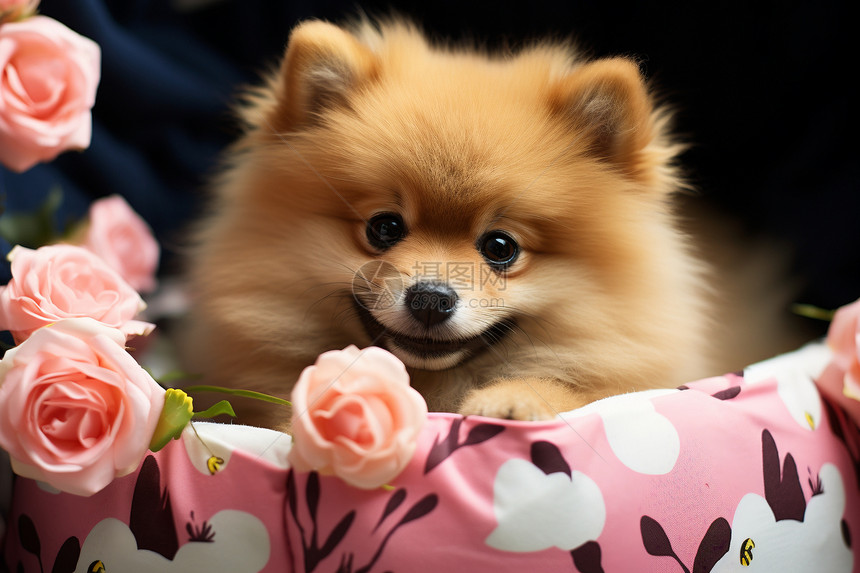 浪漫花篮中的小狗图片