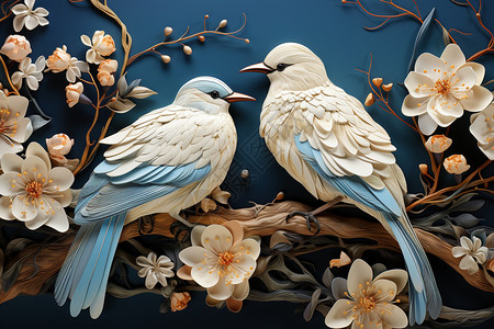 中式刺绣双鸟栖息在树枝间插画