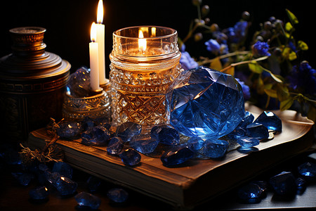 蓝色魔幻光效蓝色水晶与烛光共舞背景
