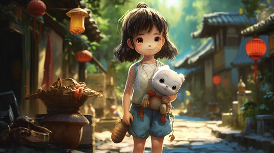 哆啦A梦背景玩玩具的中国姑娘插画