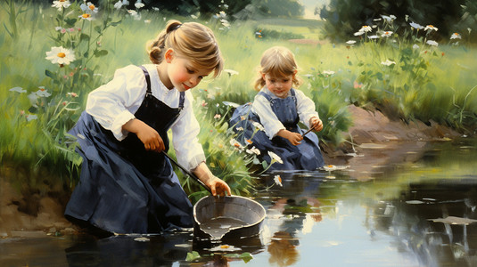 儿童在溪流中玩水背景图片