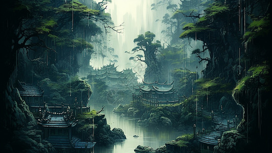中式山水的插画背景图片