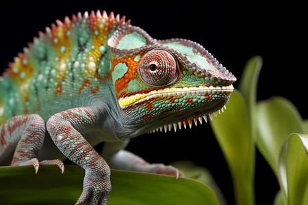 蜥蜴举着叶子叶子上的变色龙背景
