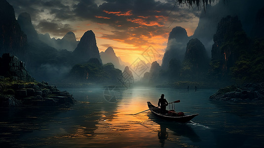 白帝城夔门三峡上的渔船插画