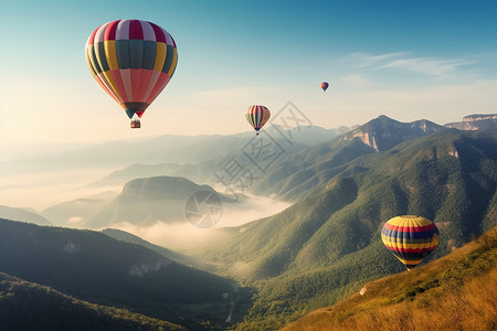 彩色山丘天上的热气球背景