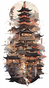 中式建筑的插图背景图片