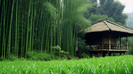 竹林里的竹屋高清图片