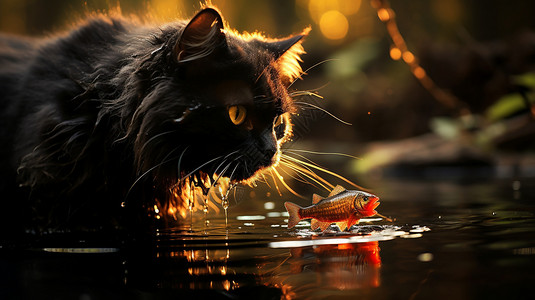 正在吃鱼水獭一只黑猫正在吃鱼背景