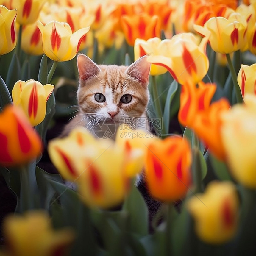 郁金香中的小猫图片