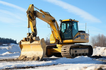 施工挖掘机现场黄色推土机在晴朗的雪地上背景