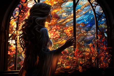 女人站在彩色玻璃玫瑰窗前图片