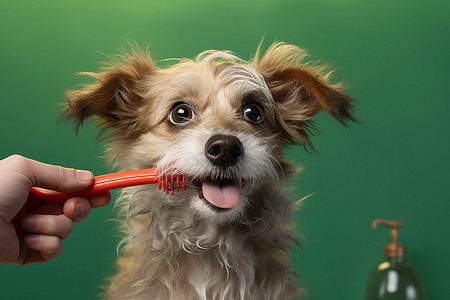 小狗在刷牙动物在嘴里高清图片