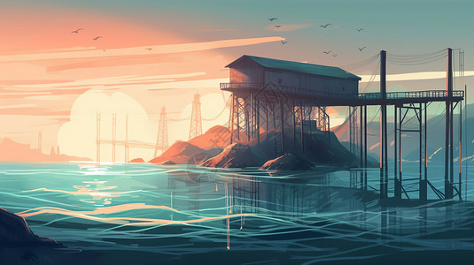 潮汐海灵海面上的潮汐发电厂插画