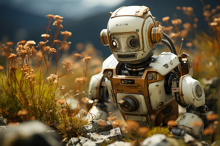AI模型机器人在草地里插画