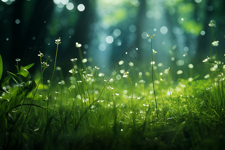 闪亮露珠绿草微光下的绿草背景