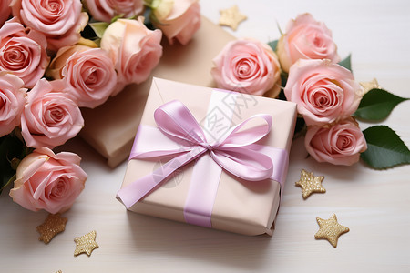 浪漫粉色礼盒与玫瑰束图片