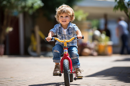 快乐的小男孩骑红色自行车图片