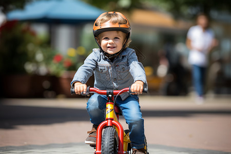 户外轮子开心的小男孩骑红色自行车背景
