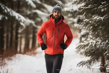 林中跑步冬日山林中独自奔跑的男子背景