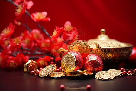 新春吉祥的红花金碗背景图片
