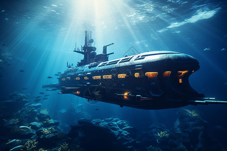 深海探索海底探险的潜艇插画