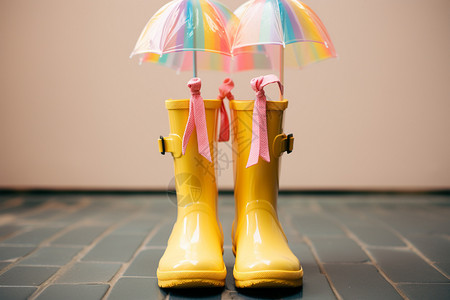 黄色的雨伞创意艺术的黄色雨靴背景