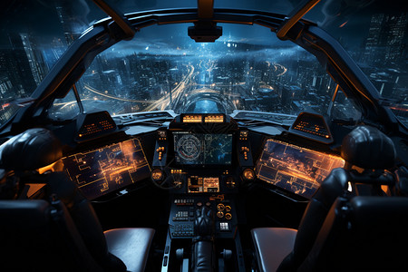 未来都市夜景中的飞行员视角高清图片