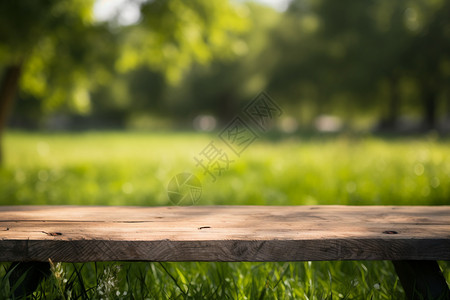 公园草坪上的模糊木桌背景背景图片