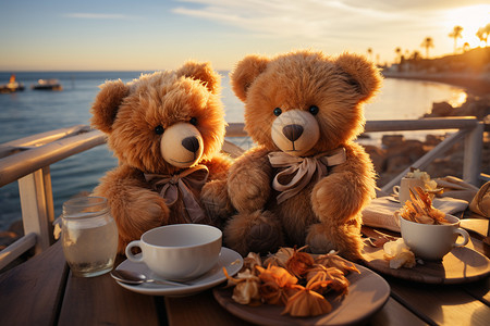 两只泰迪熊坐在餐桌上背景图片