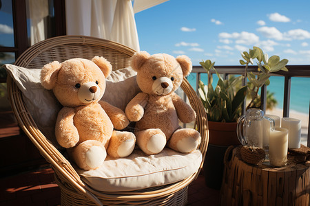 阳光海滩度假阳台上的双熊公仔图片