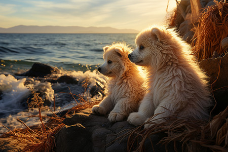 夕阳余晖下的海边小狗背景图片