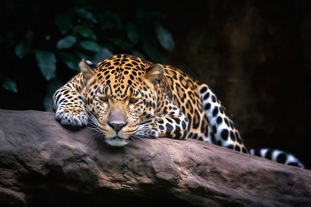豹，美洲豹黑豹在黑暗中躺着闭着眼睛背景