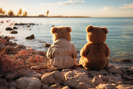 两只泰迪熊在沙滩上图片
