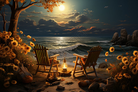 场景照明宁静的海边两把躺椅和灯台背景