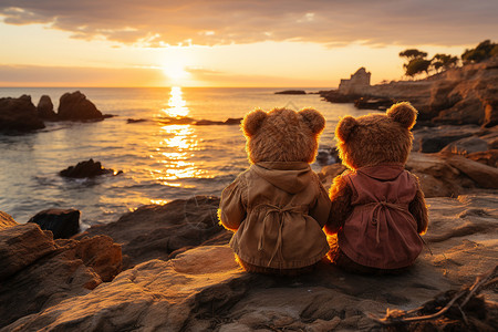 两只泰迪熊在一块岩石上图片