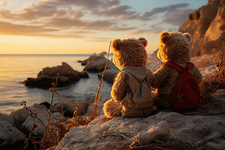 两只泰迪熊海边探险背景图片