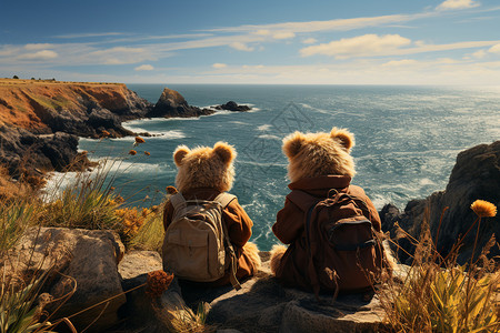 温馨亲密的泰迪熊海边探险图片