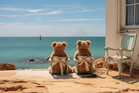 海边的轻松两只泰迪熊背景图片