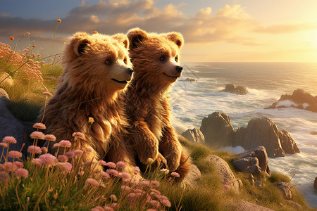 熊山海边的日落下两只熊坐在山顶上背景